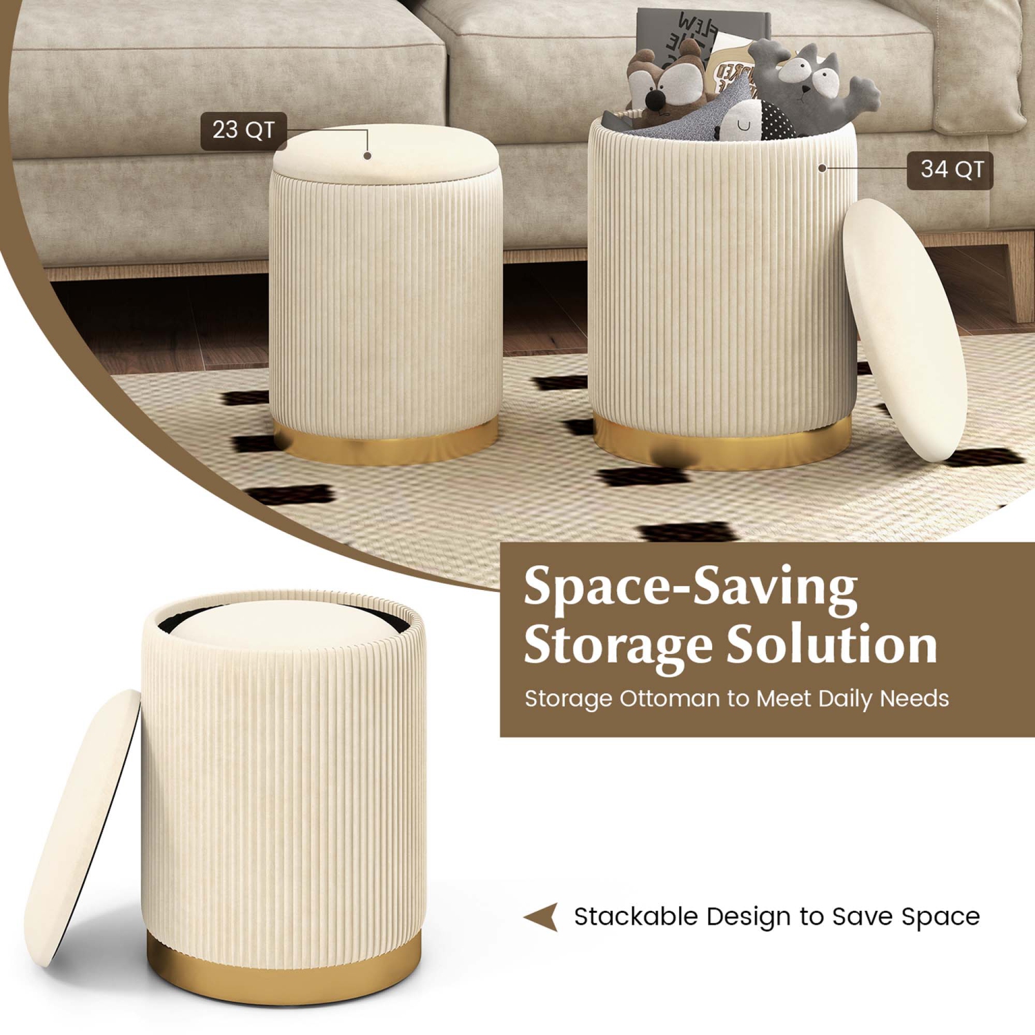 Ensemble de 2 poufs de rangement modernes en velours avec espace de rangement pour le salon de Costway