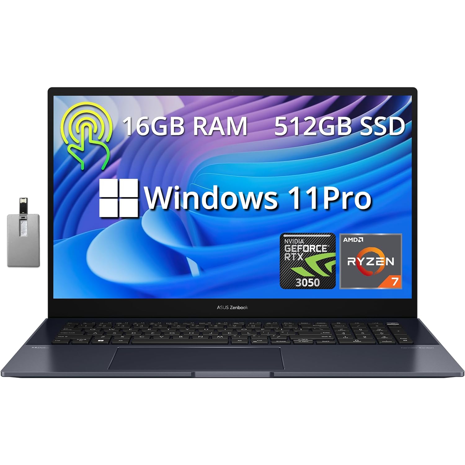 ASUS Zenbook Pro 17 17.3" 165Hz WQHD Touchscreen Laptop, AMD Ryzen 7 6800H, 512GB SSD, 16GB LPDDR5 RAM, NVIDIA GeForce RTX 3050, Win 11 Home, Black, 32GB Hotface USB Card