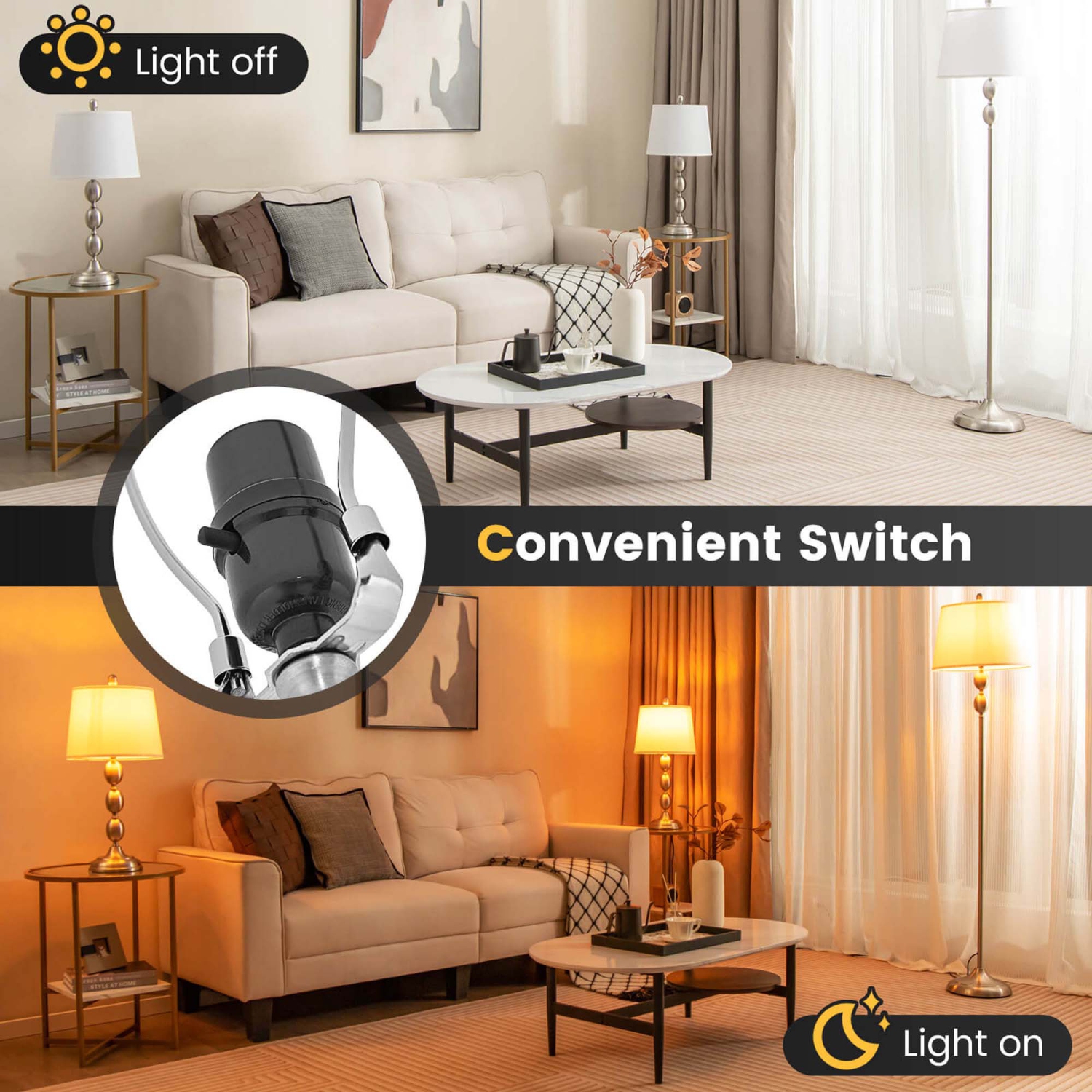 Costway 3 Pack Lamp Set Table & Floor Lamp with Weighted Base & Eye-Protecting Lamp Shade