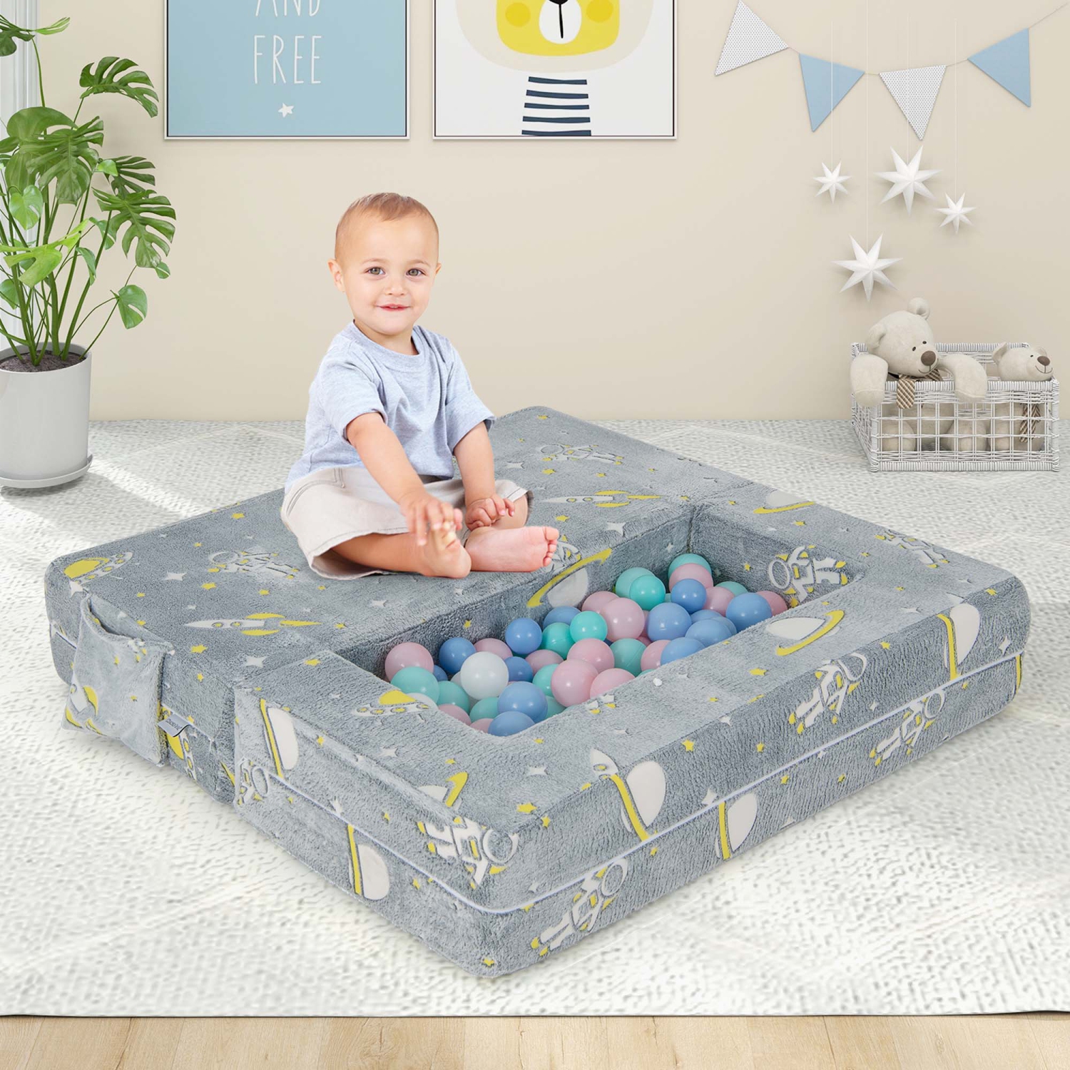 Canapé convertible pour enfant Couch Toddler Glow de Costway avec couvre-poufs et pochettes latérales
