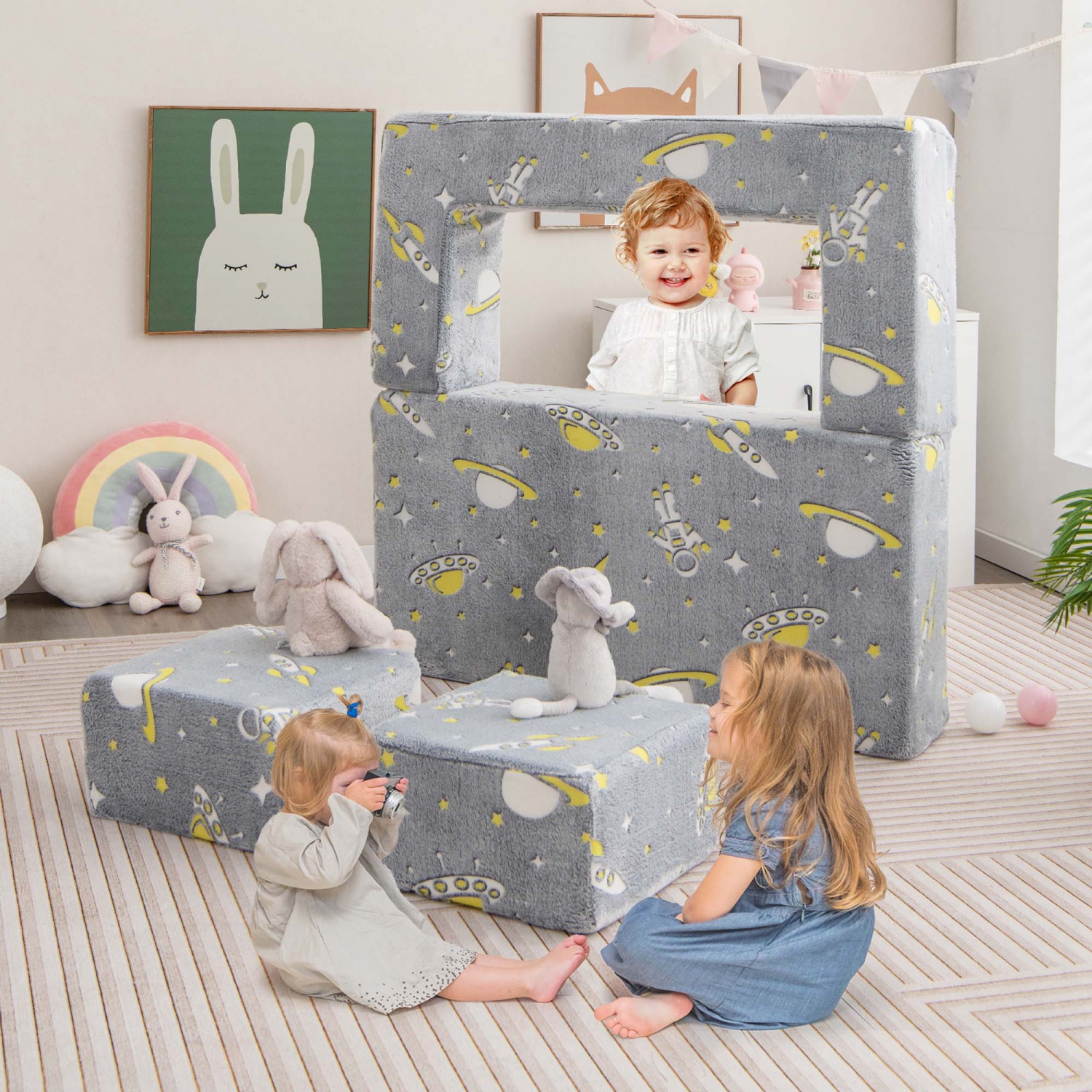 Canapé convertible pour enfant Couch Toddler Glow de Costway avec couvre-poufs et pochettes latérales