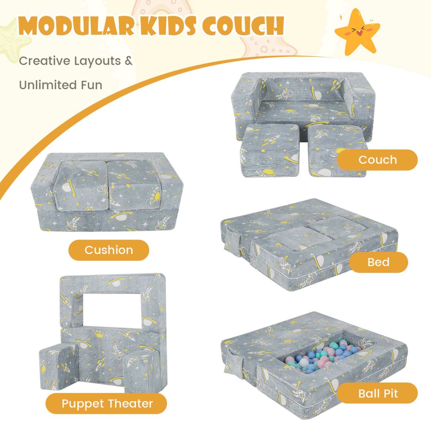 Canapé convertible pour enfant Couch Toddler Glow de Costway avec couvre-poufs et pochettes latérales