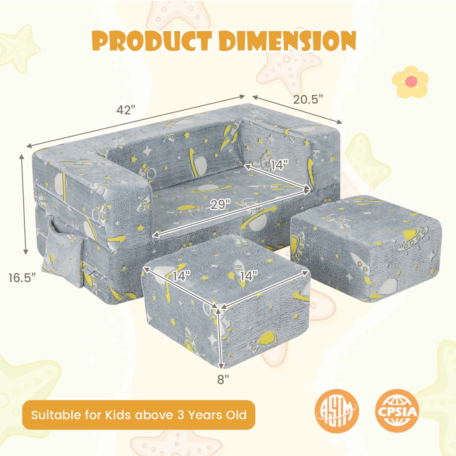 Canapé convertible pour enfant Couch Toddler Glow de Costway avec couvre-poufs et pochettes latérales