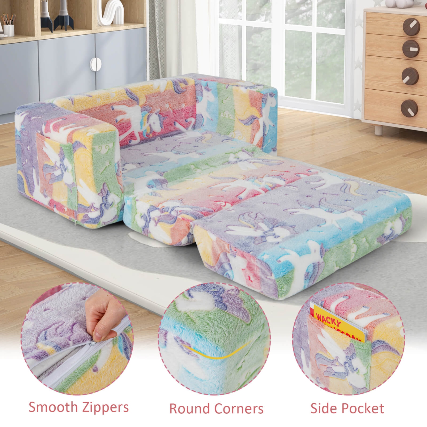 Honeyjoy 2-in-1 Flip Out Kid's Sofa Chair Convertible Toddler Couch to Lounger