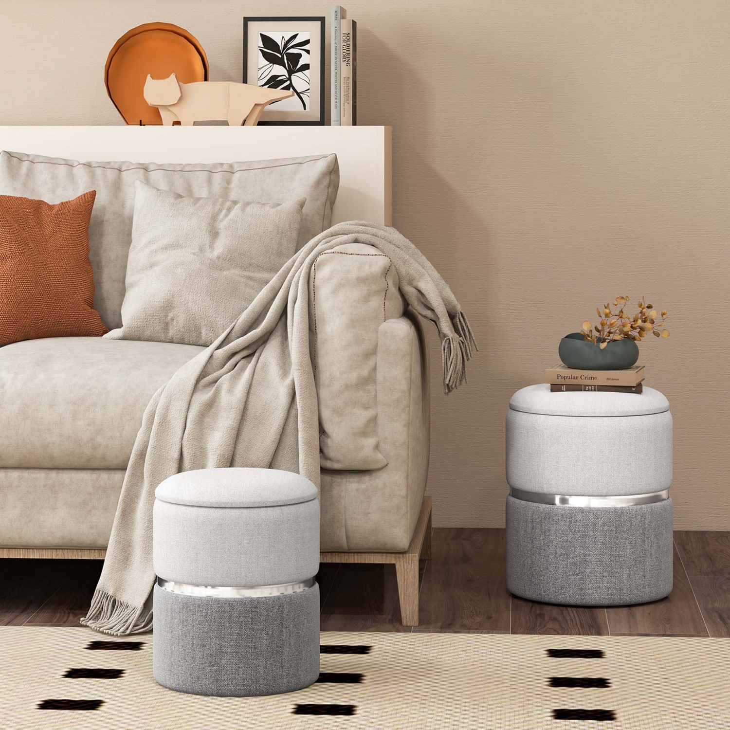 Ensemble de 2 poufs de rangement modernes en lin avec rangement de Costway pour chambre à coucher