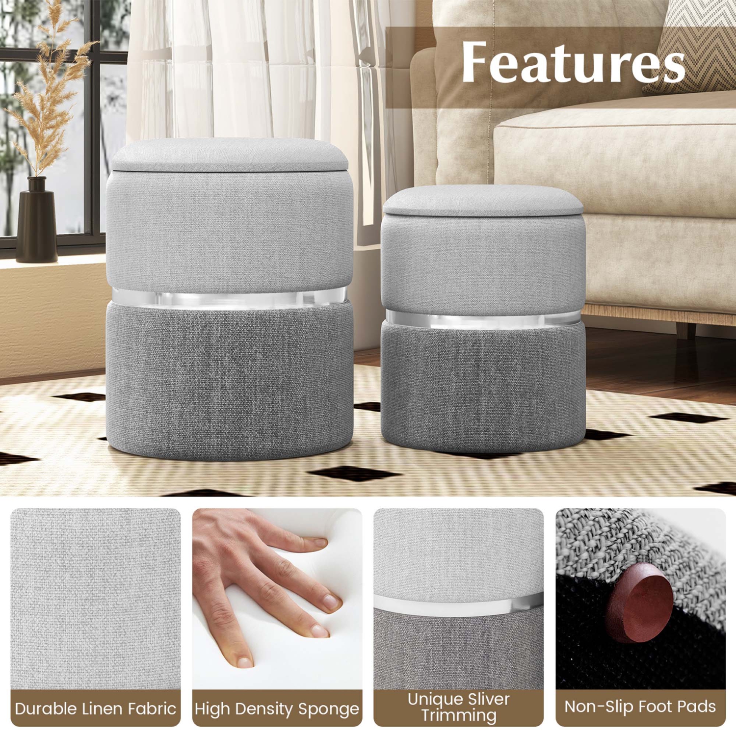 Ensemble de 2 poufs de rangement modernes en lin avec rangement de Costway pour chambre à coucher