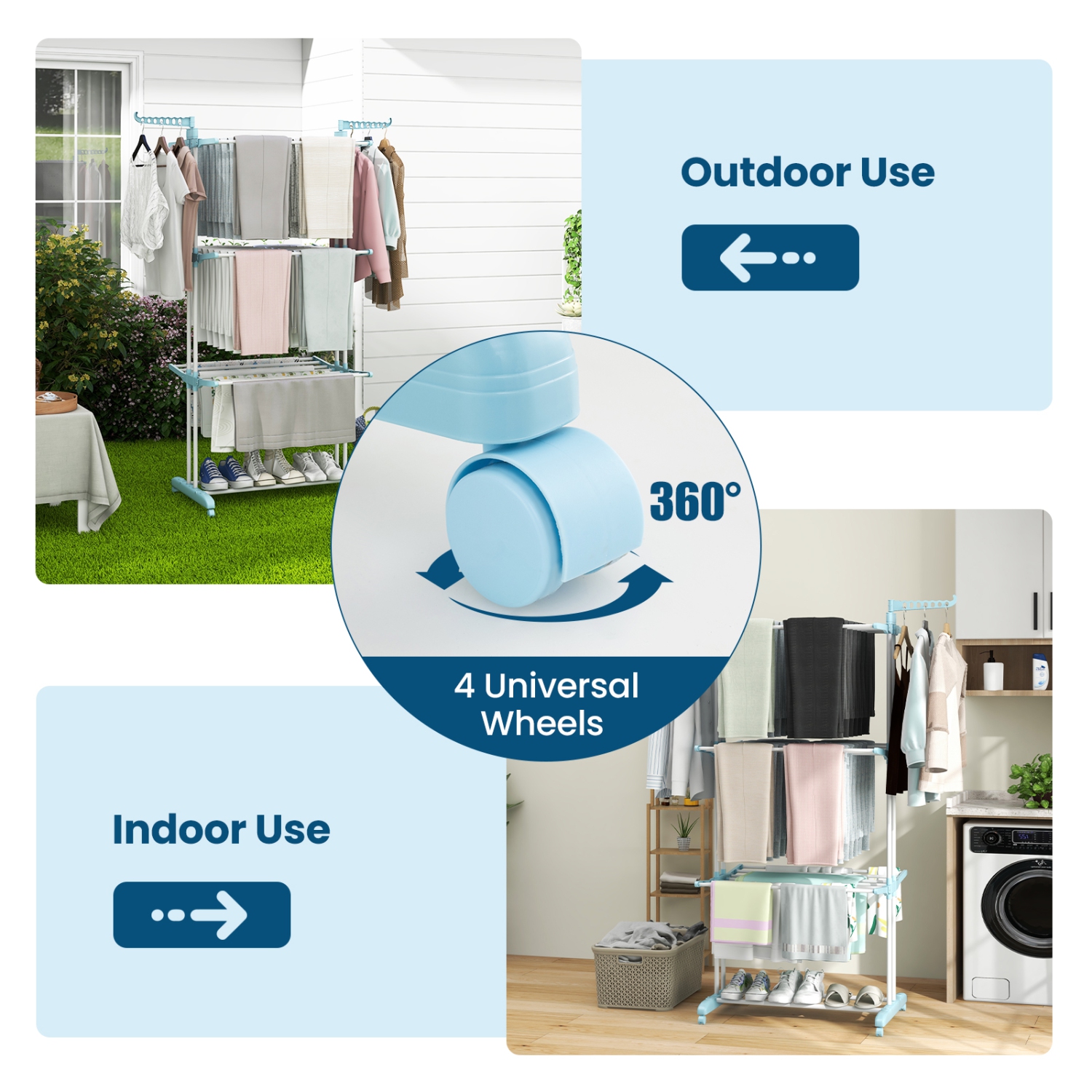 Support de séchage pliable à 3 niveaux de Costway avec ailes latérales rotatives et tablettes pliables