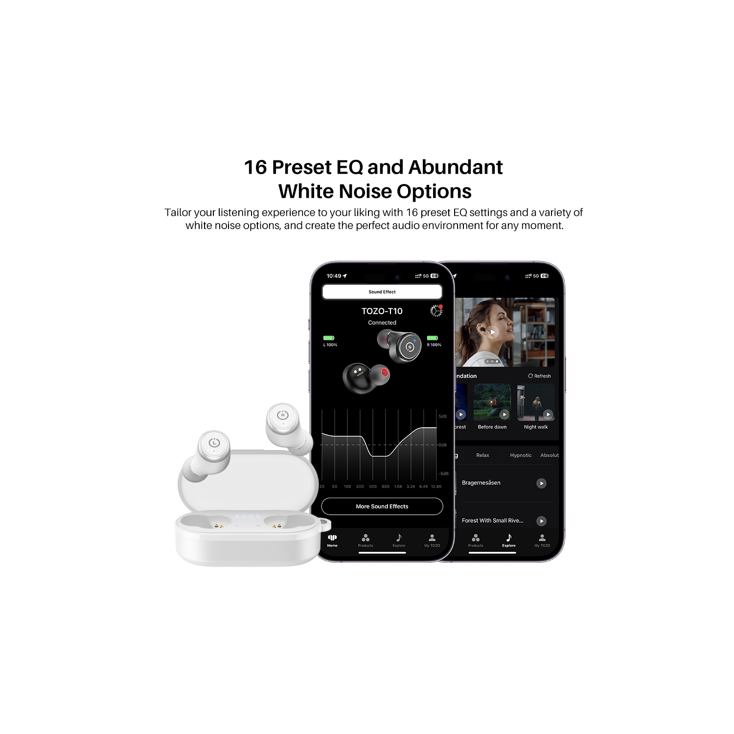 Les mini-écouteurs bouton T10 de TOZO sont compatibles avec l'APPLICATION personnaliser les écouteurs boutons 100 % sans fil à suppression du bruit