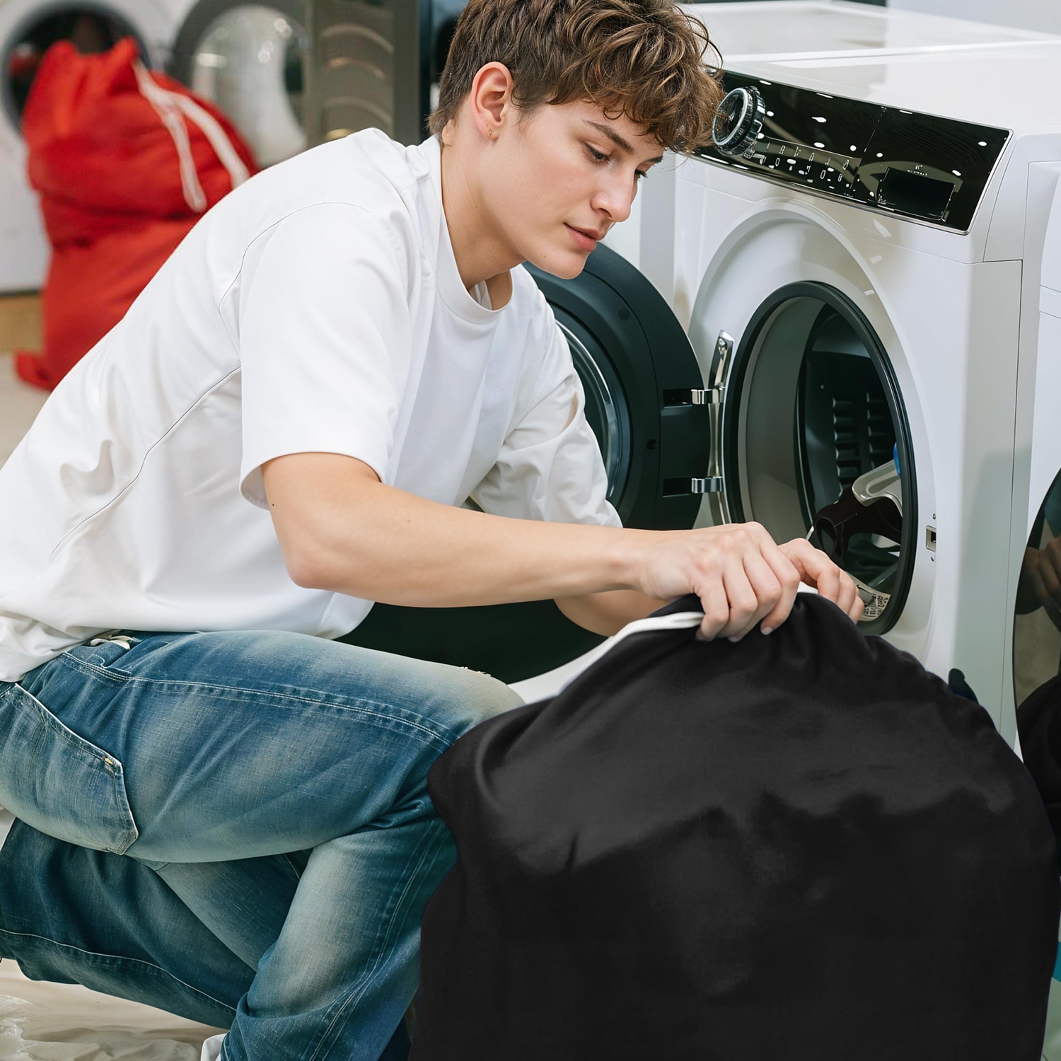 Canadian Linen Nylon Laundry Bags, XL 30"x40", 2 Pack, Drawstring Clothes Organizer Waterproof Fabric Durable Storage Bag Hamper, Grey + Black