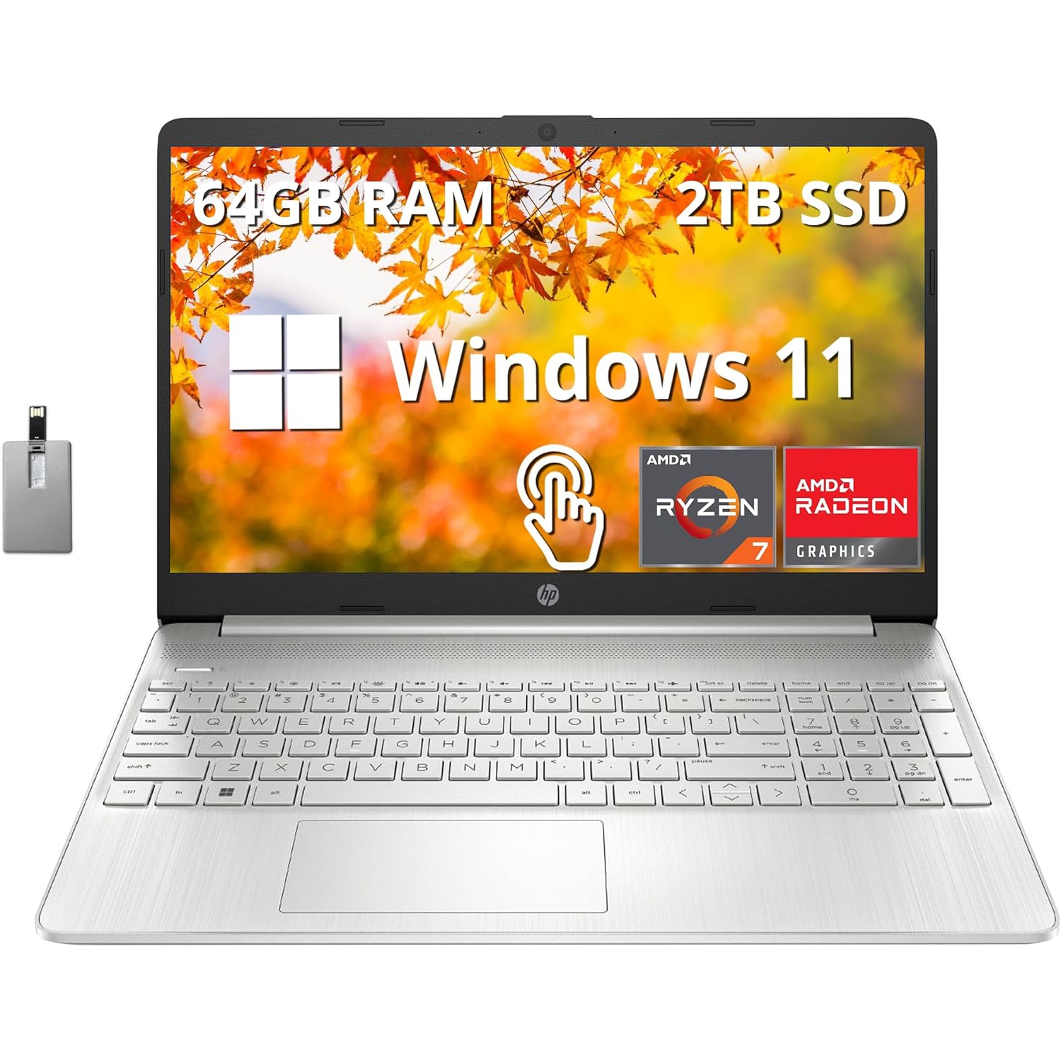 HP 15.6" FHD IPS Touchscreen Laptop, AMD Ryzen 7 5700U, 2TB PCIe SSD, 64GB RAM, Full-Size Keyboard, 720p HD Webcam, Wi-Fi, HP Fast Charge, Windows 11, 32GB Hotface USB Card