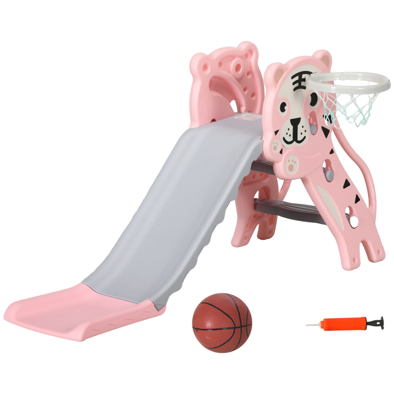 Qaba Toddler Slide with Basketball Hoop, 3 in 1 Kids Slide Indoor, Tiger-Designed Baby Climbing and Playset Playground Outdoor Toy, Pink