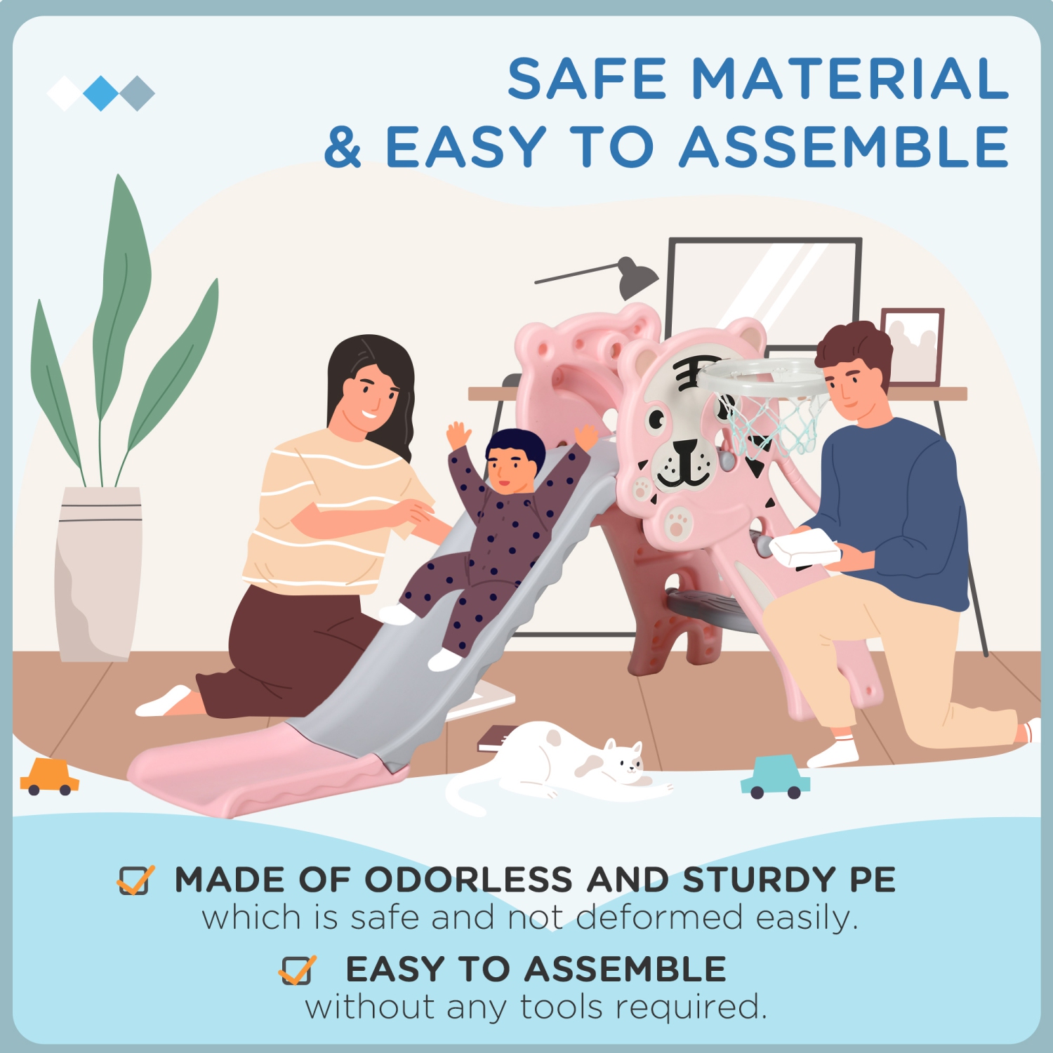 Qaba Toddler Slide with Basketball Hoop, 3 in 1 Kids Slide Indoor, Tiger-Designed Baby Climbing and Playset Playground Outdoor Toy, Pink