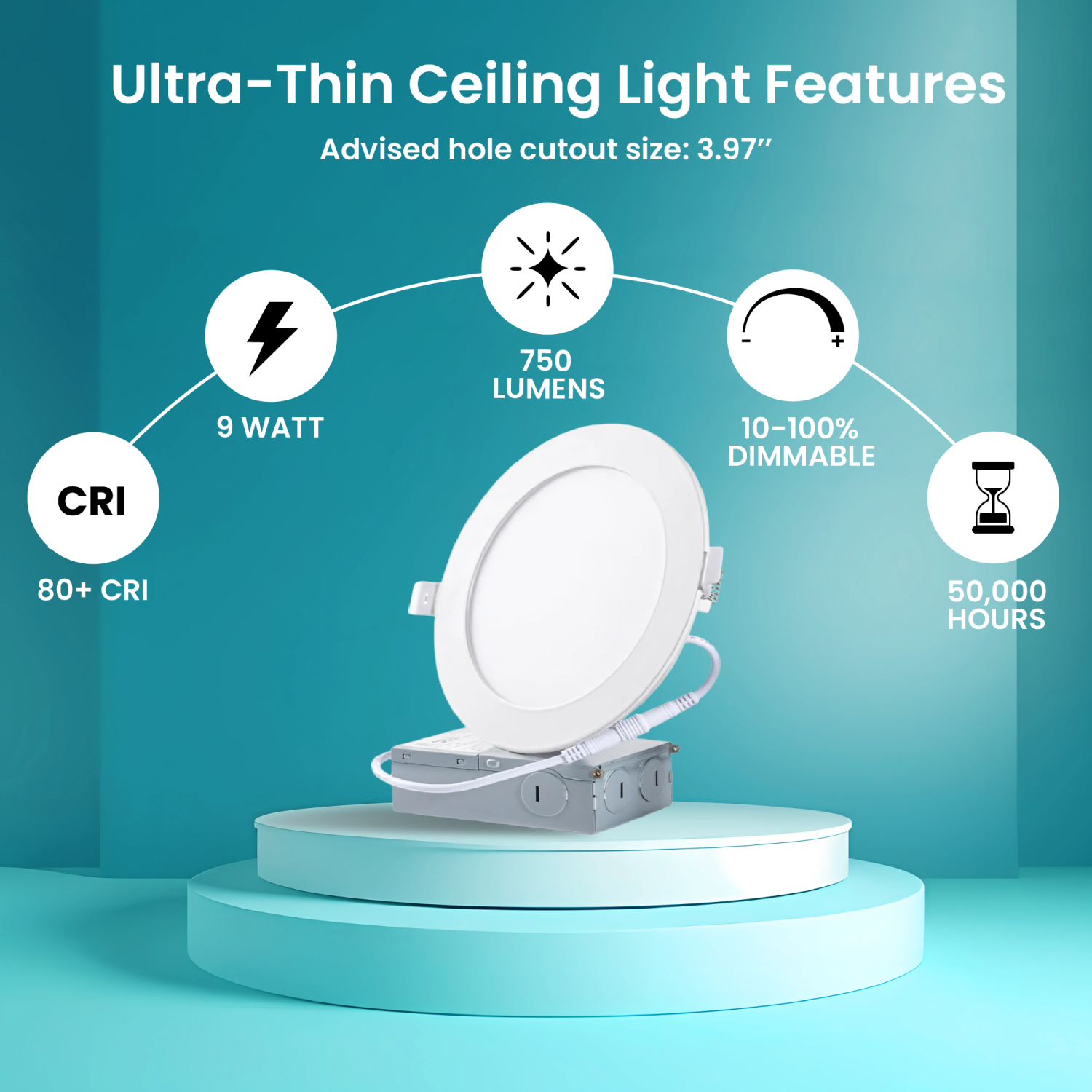 4-Inch LED Recessed Slim Panel Lights with Junction Box, 9W 750LM 5000K Cool White Dimmable LED Pot Lights, Damp Rated ETL FCC Listed Ceiling Lights -