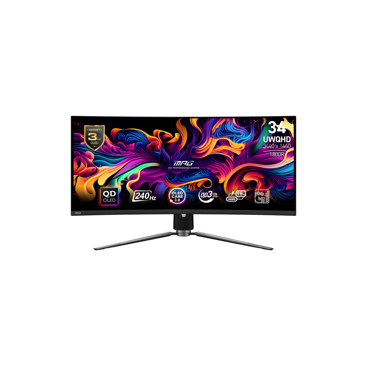 MSI MPG 341CQPX QD-OLED, 34" Curved Gaming Monitor 1800R 3440 x 1440 (UWQHD), 240Hz / 0.03ms (GTG), Adaptive-Sync, HDMI 2 (v2.1), DP 1.4a, USB Type-C, Height adjustable