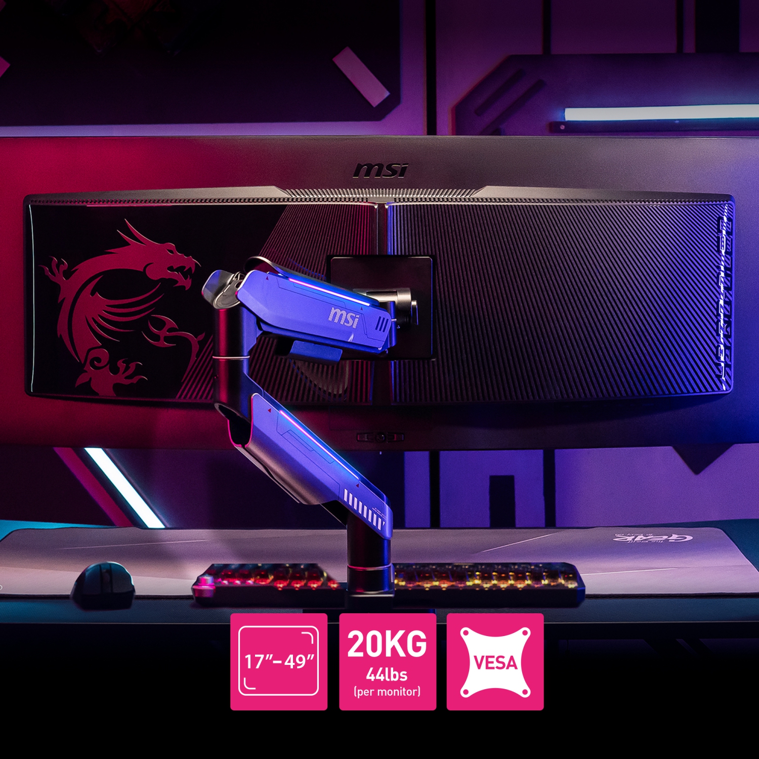 MSI MPG MT201R - Premium RGB Single Monitor Stand Arm, Supports 17-49" Screens and 44 lbs, VESA Compatible, Adjustable Heavy Duty Gas Spring Mount -