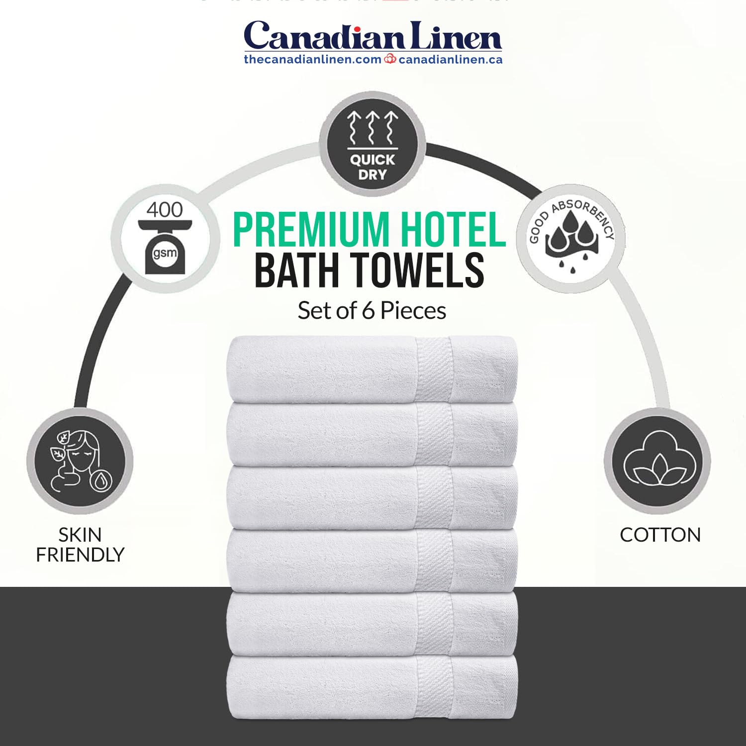 Ensemble de 6 serviettes de bain blanches en lin impérial, 24 x x48 po, léger, anneau absorbant doux, essuie-tout en coton filé pour salle de bain