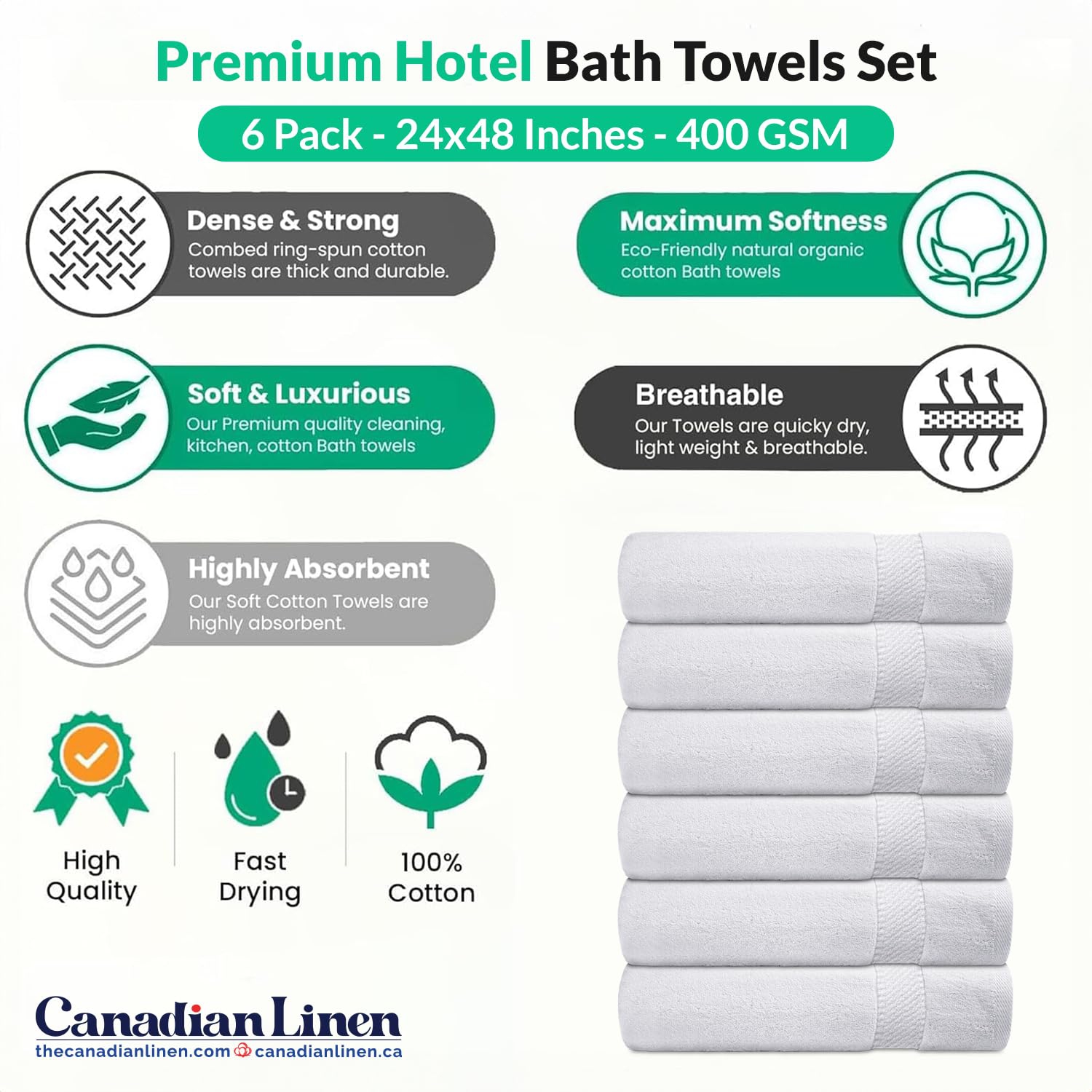 Ensemble de 6 serviettes de bain blanches en lin impérial, 24 x x48 po, léger, anneau absorbant doux, essuie-tout en coton filé pour salle de bain