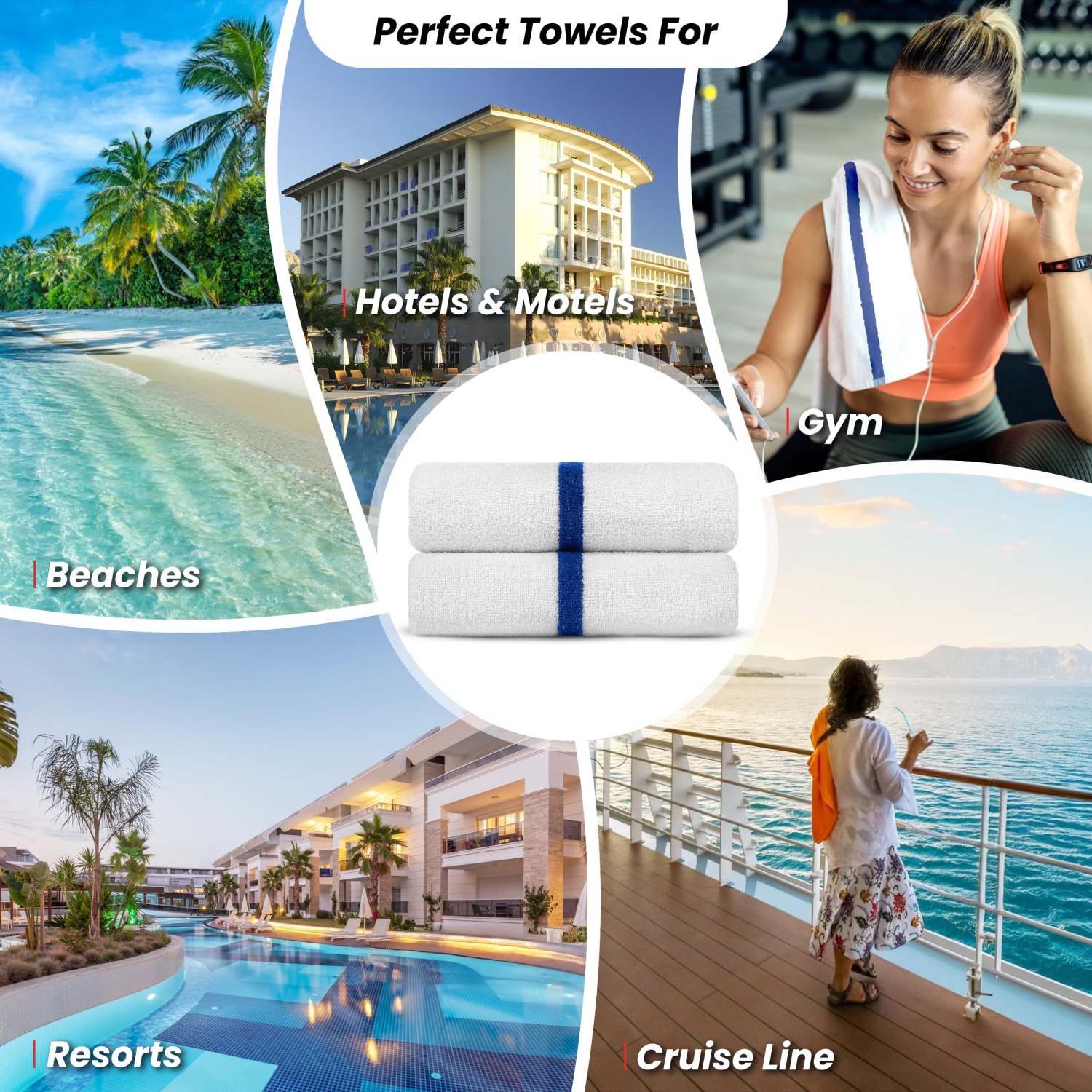 Ensemble de serviettes de piscine en lin canadien, paq. 6, blanc avec rayure bleue 24x48&nbsp;po, doux absorbant, séchage rapide Serviettes en coton