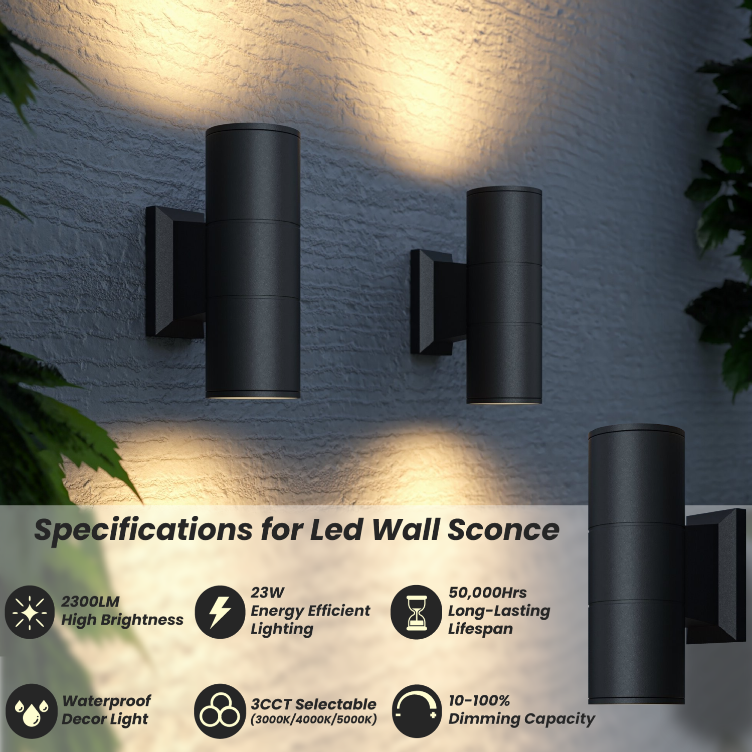 Strak Outdoor Wall Light, 12-Inch Cylinder Up and Down Black Light, Damp rated, IP65, 3CCT in One,CETL, ideal for Porch, Patio, 1-Pack