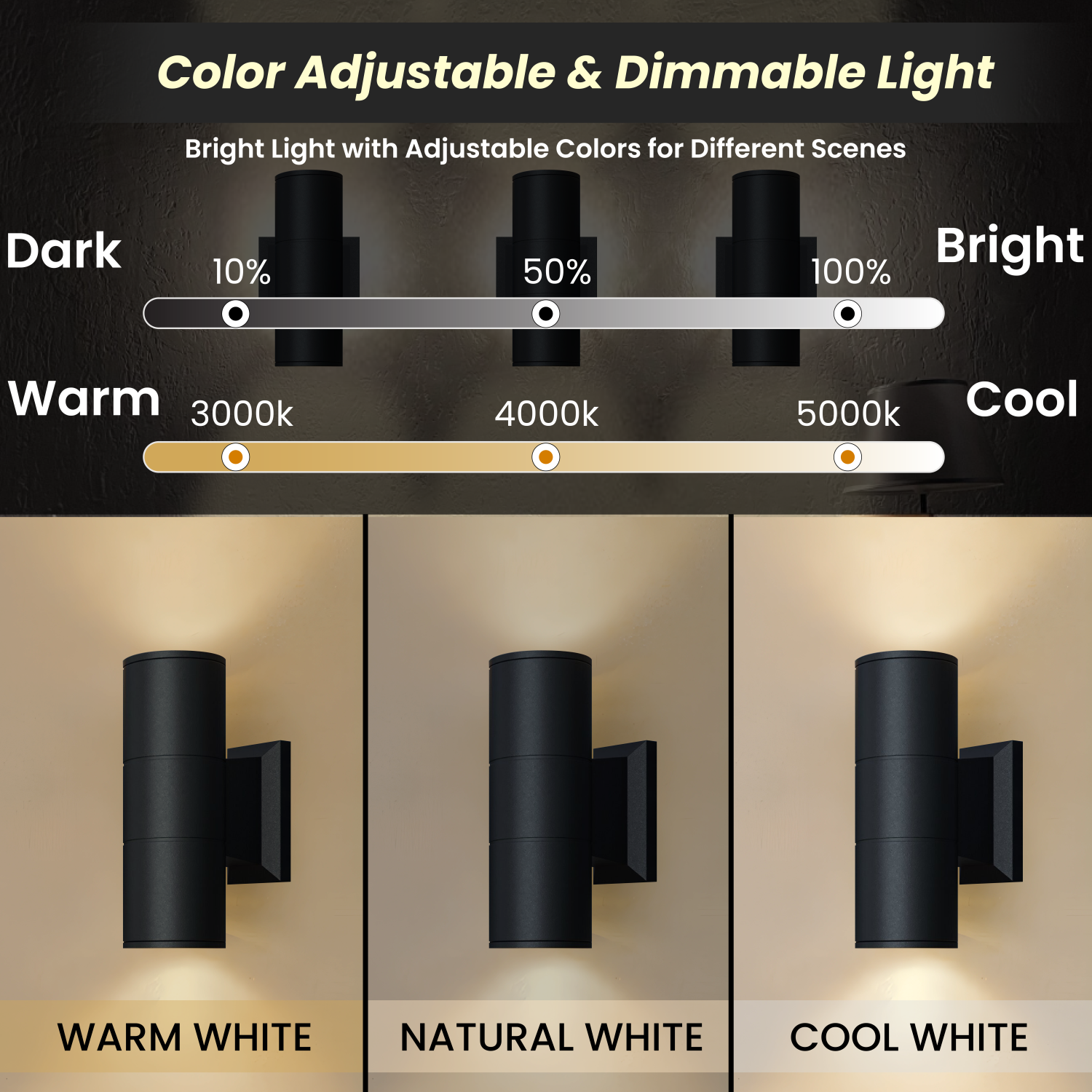 Strak Outdoor Wall Light, 12-Inch Cylinder Up and Down Black Light, Damp rated, IP65, 3CCT in One,CETL, ideal for Porch, Patio, 1-Pack