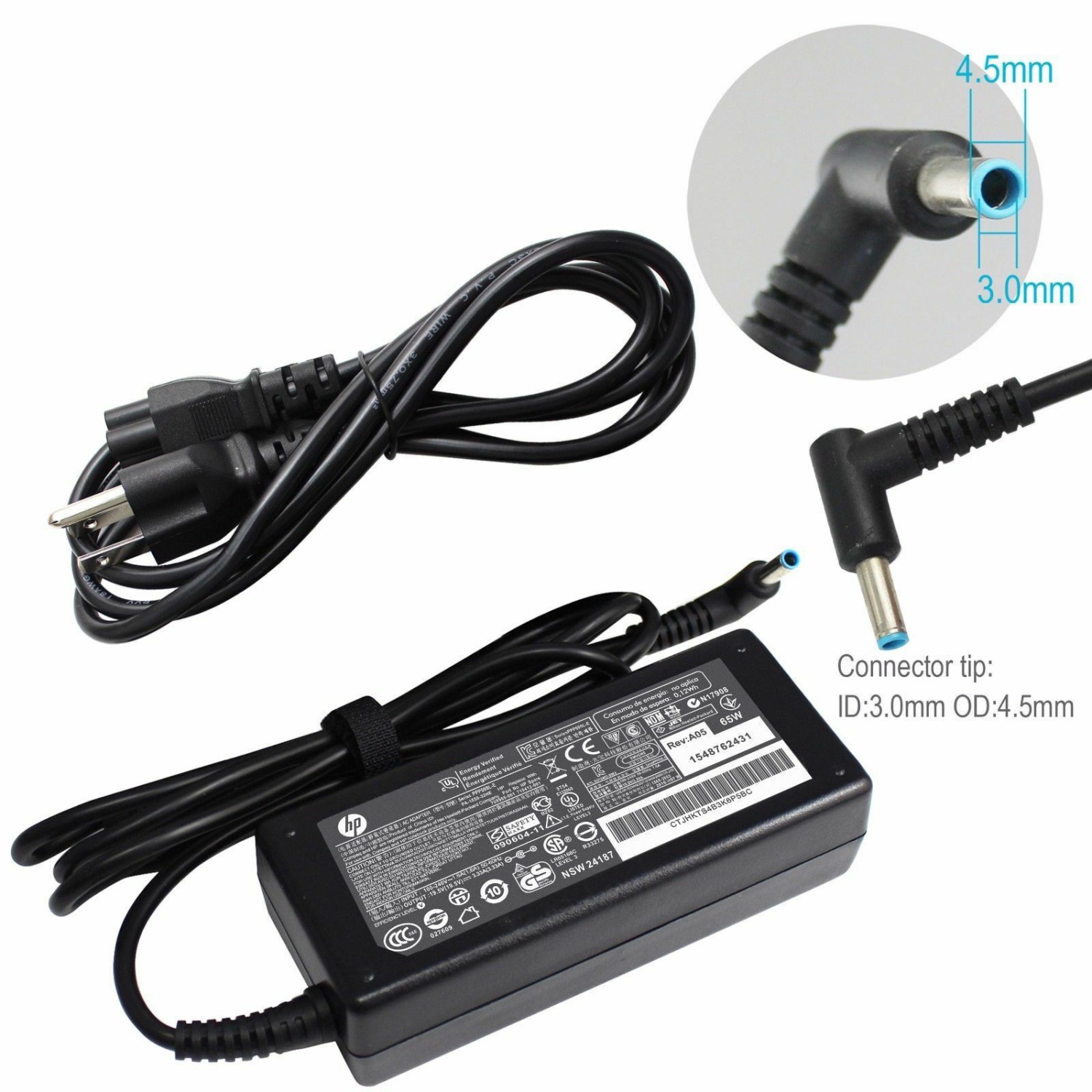 Refurbished (Good) Genuine HP AC Adapter Charger 19.5V 3.33A 45W 4.5*3.0mm Blue Tip