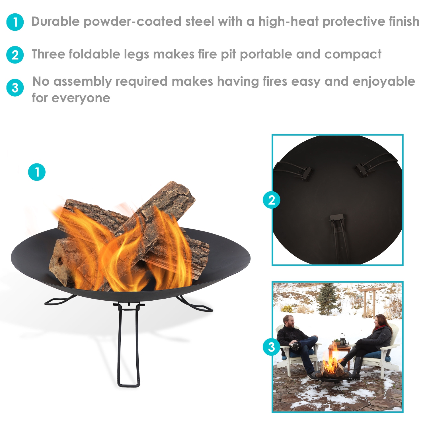 Sunnydaze 24 in Classic Ebony Steel Fire Pit Bowl with Folding Legs