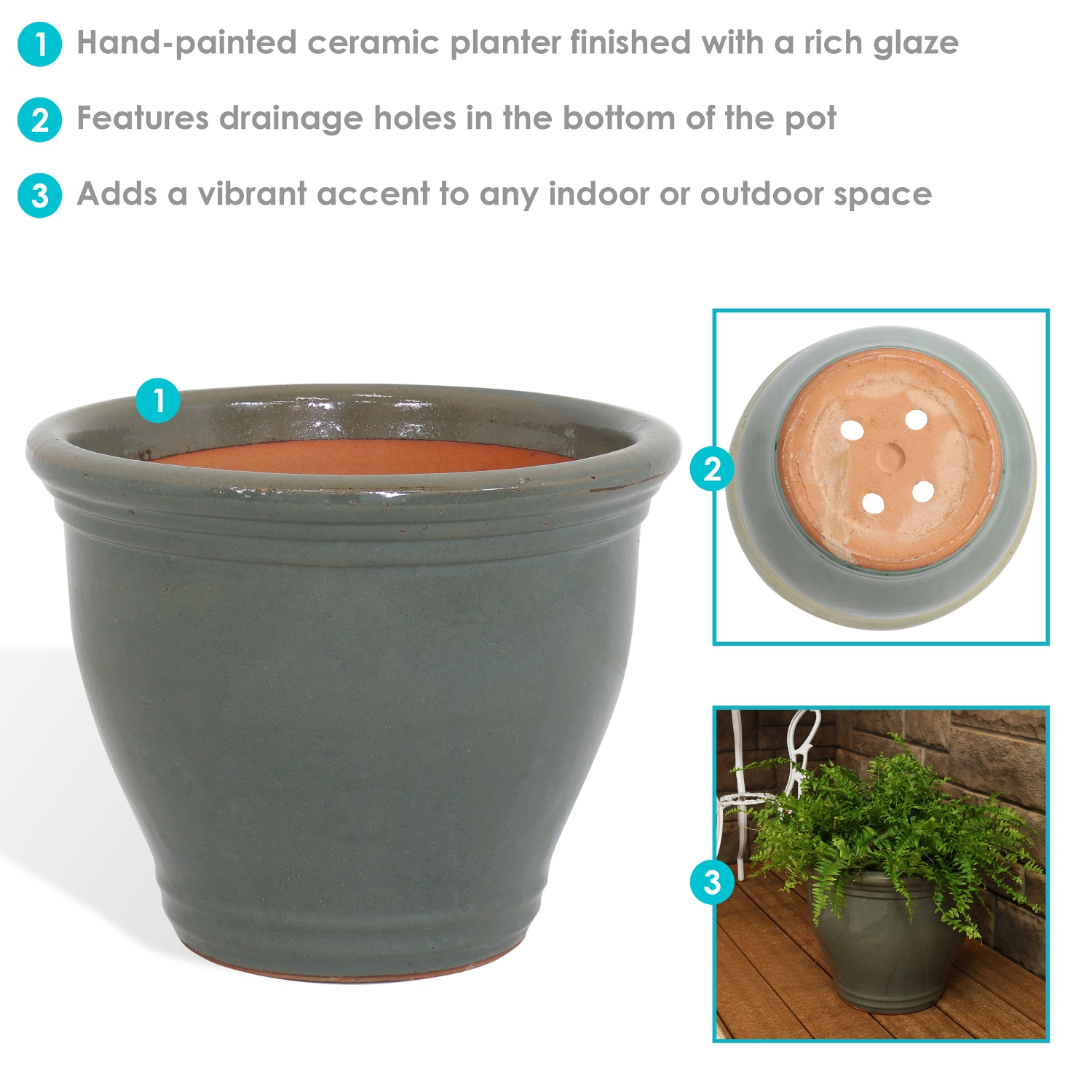 Sunnydaze 15 in Studio High-Fired Glazed Ceramic Planter - Gray