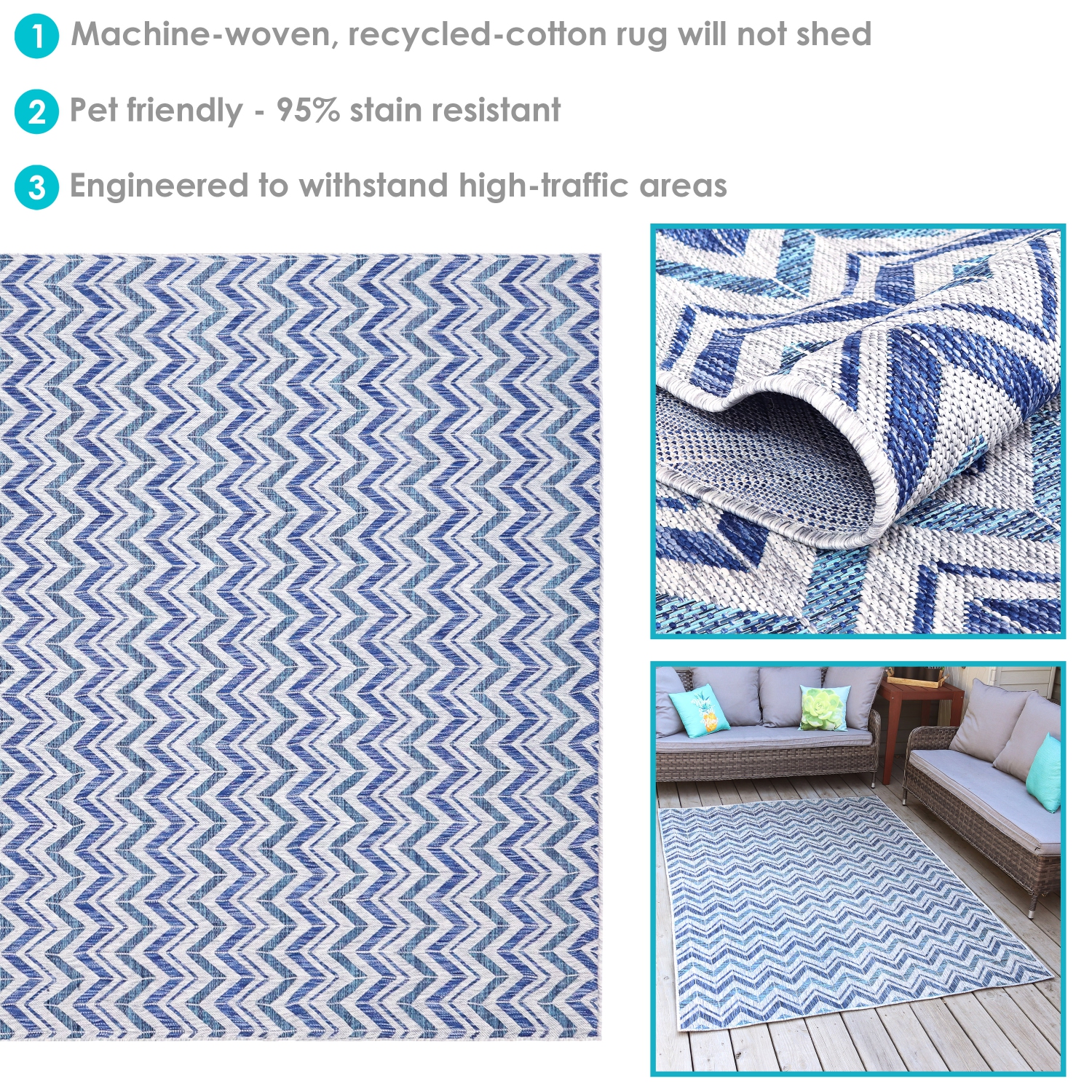 Tapis d'extérieur Chevron Dreams de Sunnydaze - Bleu/Gris - 5&nbsp;pi x 7&nbsp;pi