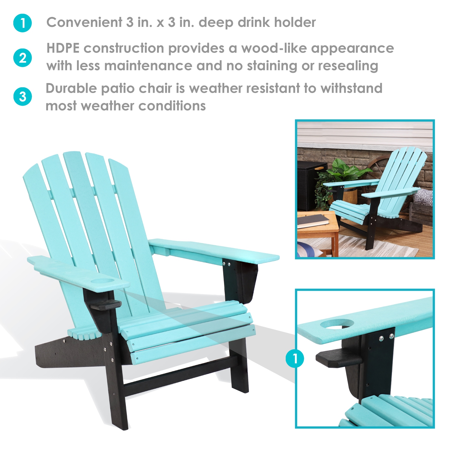 Sunnydaze HDPE Adirondack Chair with Drink Holder - Teal/Black