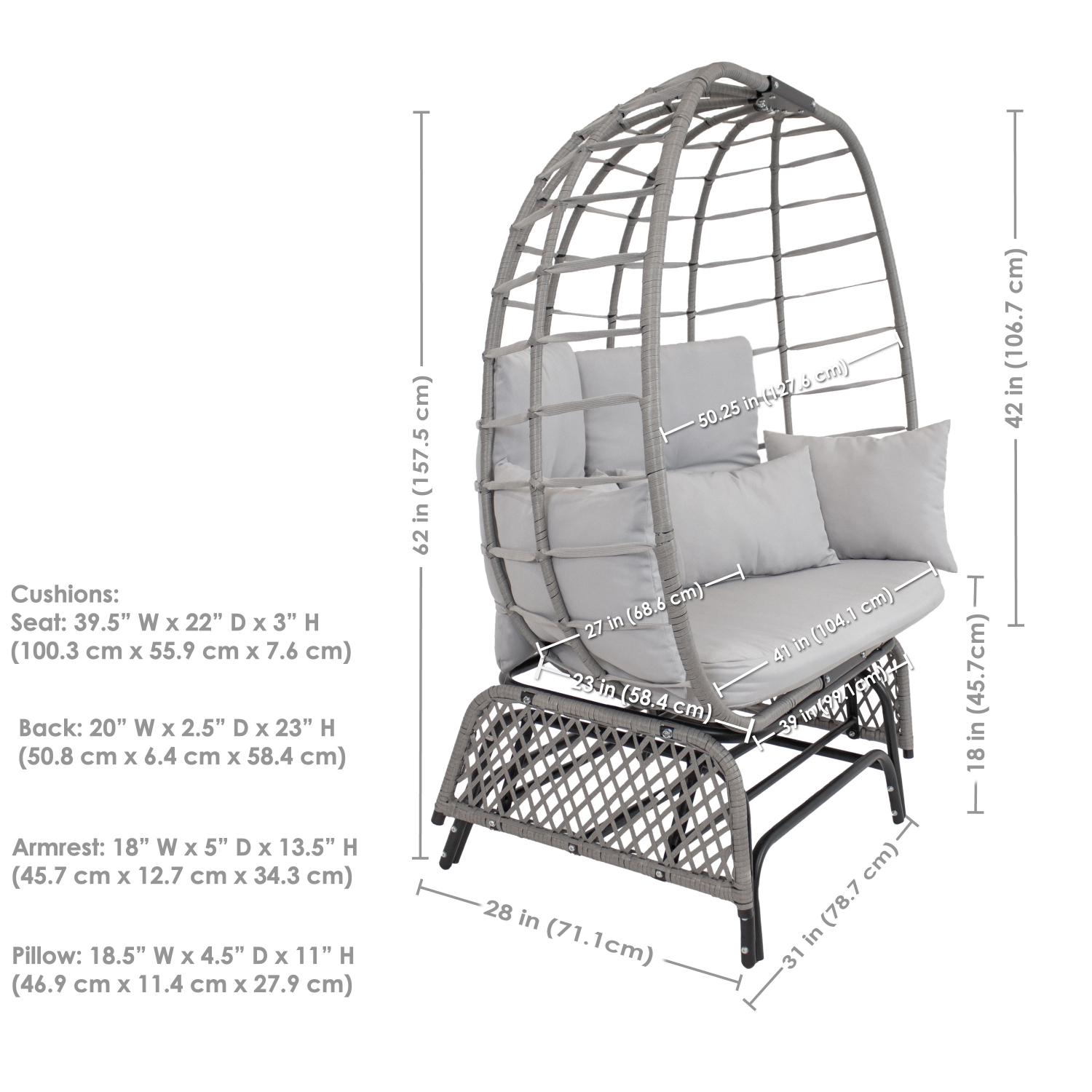 Sunnydaze Polyrattan Double Egg Chair Glider with Cushions and Pillows