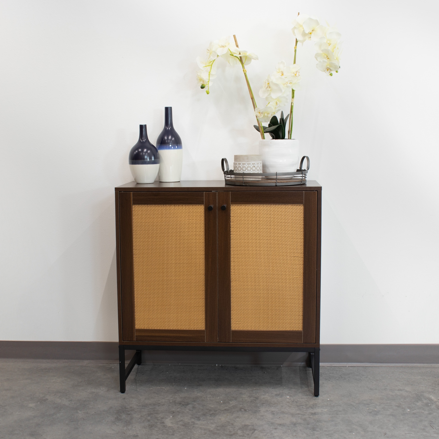 Sunnydaze 2-Door MDF Accent Cabinet with Shelf/Rattan Doors - Dark Brown