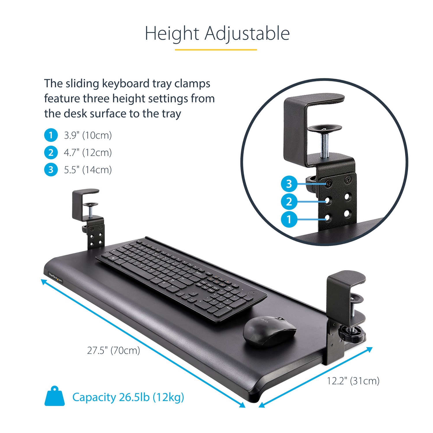Startech Under Desk Keyboard Tray, Clamp on Keyboard Holder, Up to 12kg/26.5lb, Height Adjustable, Ergonomic Sliding Keyboard Drawer