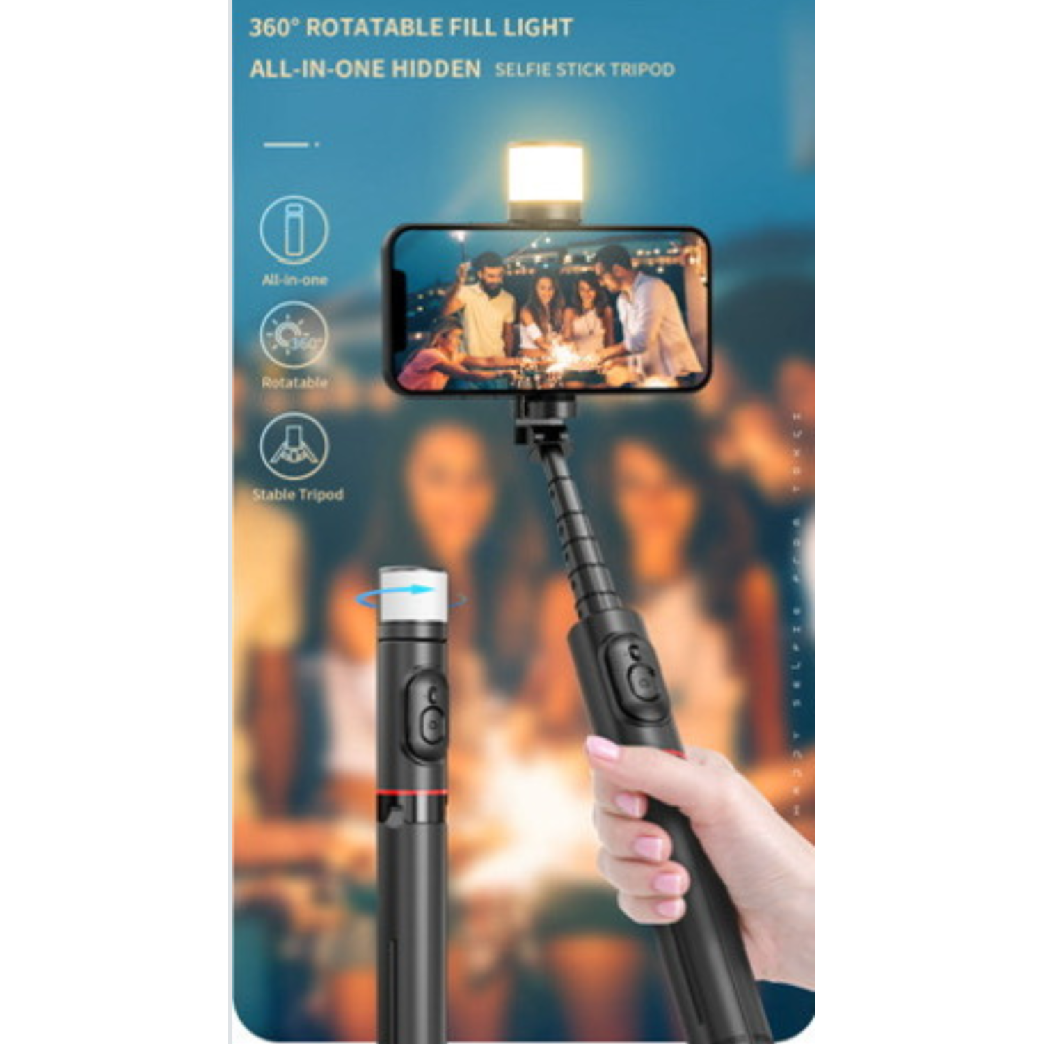 TUTT Q12 Selfie Stick Phone Holder with Fill-light Backlight | Detachable Remote Control | Foldable Rotatable 360"