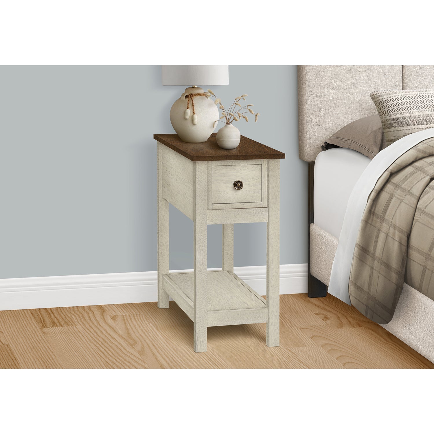 Monarch Specialties I 3962 - Side Table, End, Accent Table, 2 Tier, Narrow, Bedroom, Lamp, Storage Drawer, Antique White Veneer, Brown Veneer,