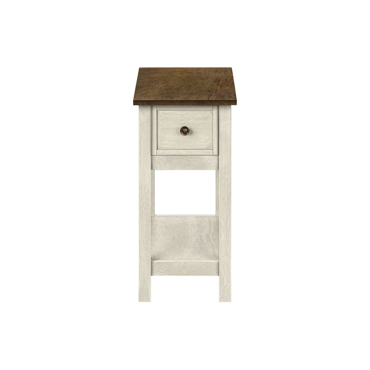 Monarch Specialties I 3962 - Side Table, End, Accent Table, 2 Tier, Narrow, Bedroom, Lamp, Storage Drawer, Antique White Veneer, Brown Veneer,