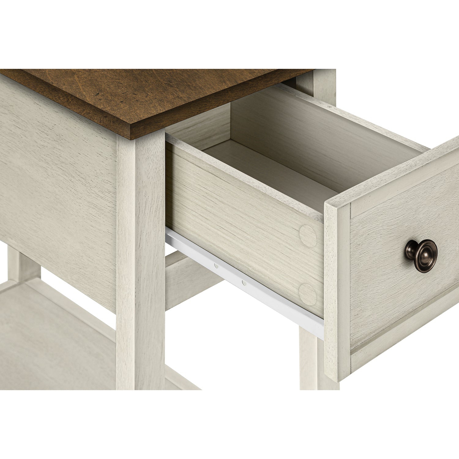 Monarch Specialties I 3962 - Side Table, End, Accent Table, 2 Tier, Narrow, Bedroom, Lamp, Storage Drawer, Antique White Veneer, Brown Veneer,