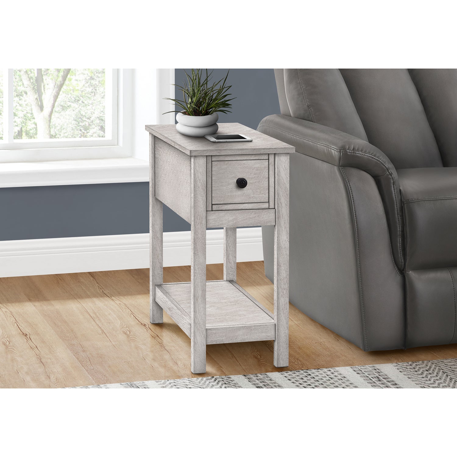 Monarch Specialties I 3963 - Accent Table, End, Side Table, 2 Tier, Narrow, Bedroom, Lamp, Storage Drawer, Grey Veneer, Transitional