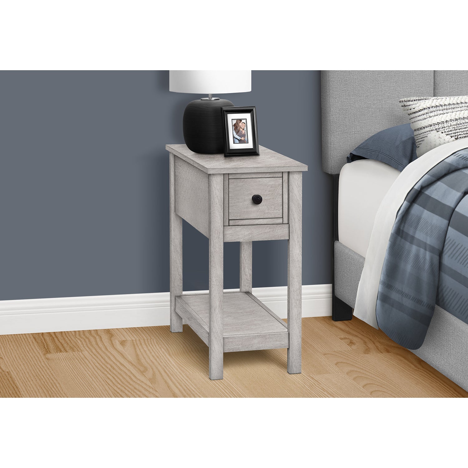 Monarch Specialties I 3963 - Accent Table, End, Side Table, 2 Tier, Narrow, Bedroom, Lamp, Storage Drawer, Grey Veneer, Transitional