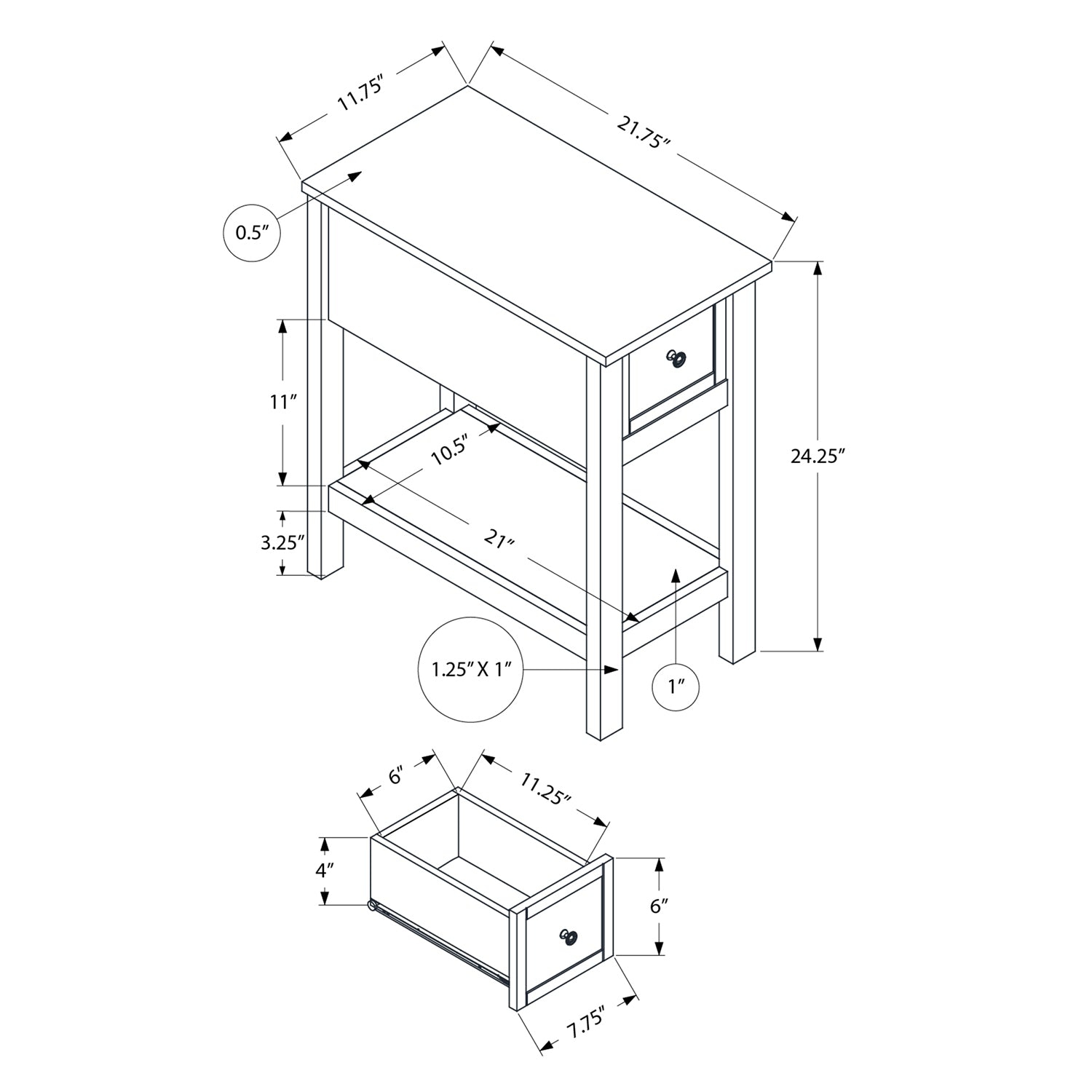 Monarch Specialties I 3963 - Accent Table, End, Side Table, 2 Tier, Narrow, Bedroom, Lamp, Storage Drawer, Grey Veneer, Transitional