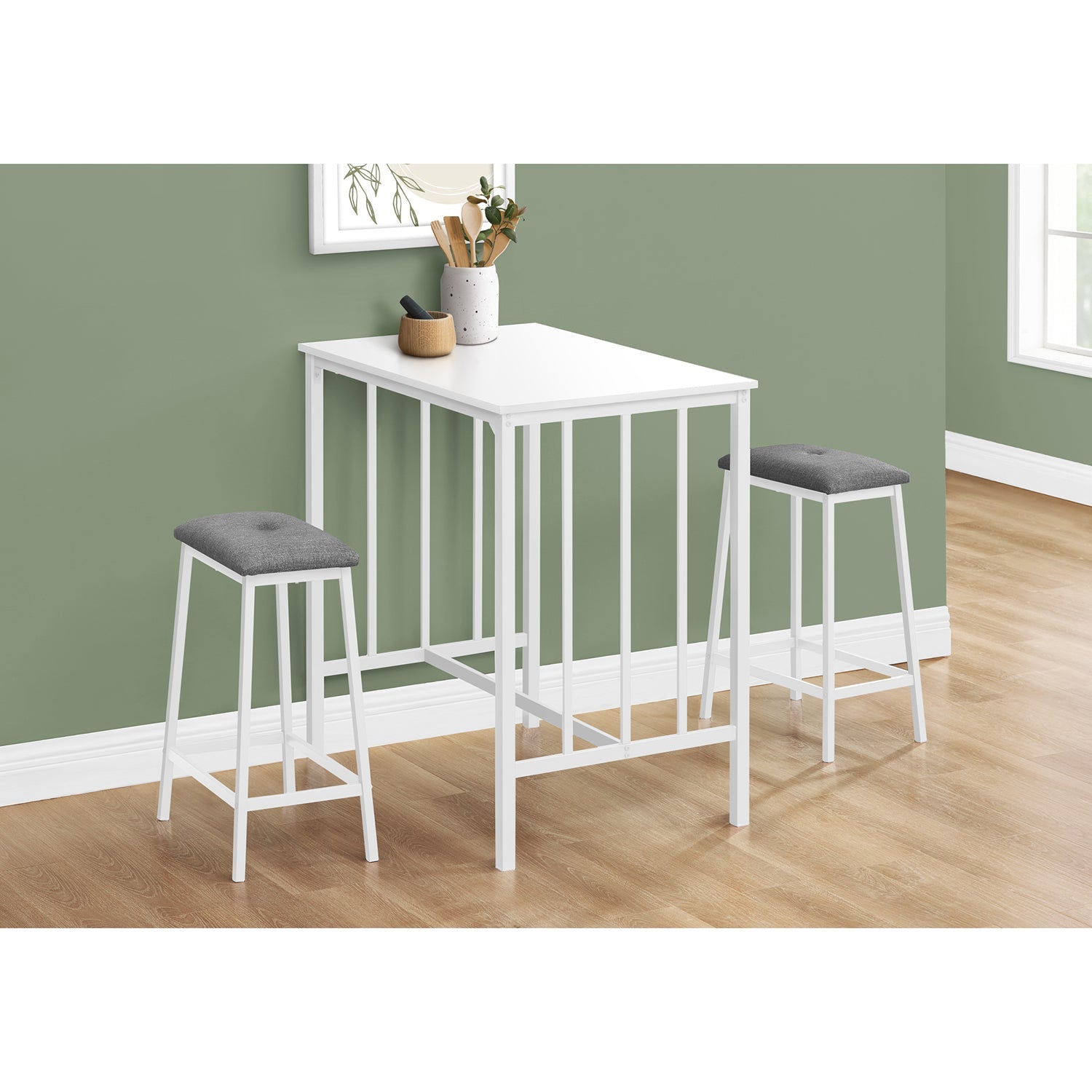 Monarch Specialties I 1147 - Dining Set, 3pcs Set, Counter Height, 36" Rectangular, Small, Kitchen, White Laminate, White Metal, Contemporary, Modern