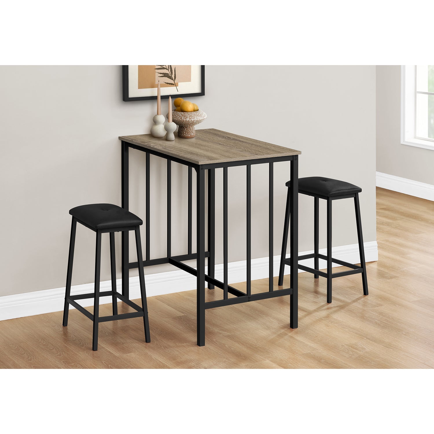 Monarch Specialties I 1143 - Dining Set, 3pcs Set, Counter Height, 36" Rectangular, Small, Kitchen, Brown Laminate, Black Metal, Contemporary, Modern