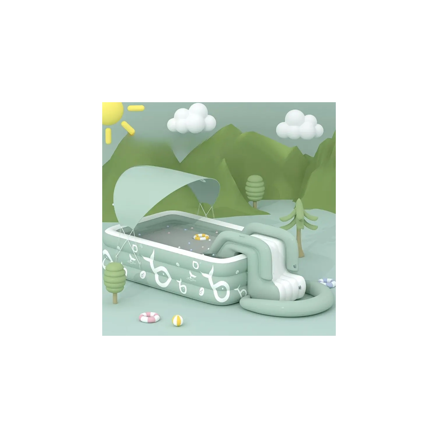 Luxury Spacious Deluxe Inflatable Pool Set | Slide, Sunshade, Foot Pump & Repair Kit - Large Size 103.15" X 68.9" X 23.62"