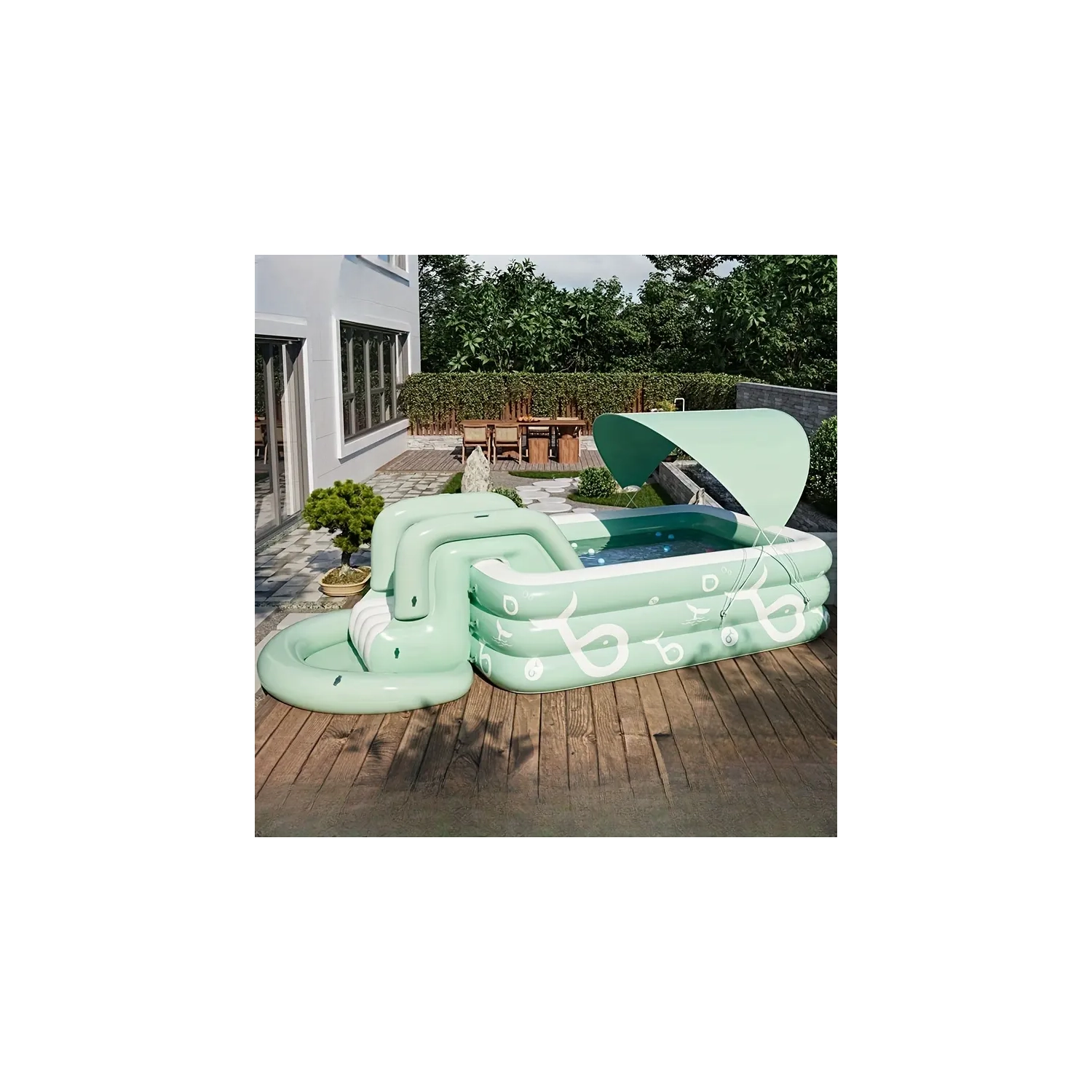 Luxury Spacious Deluxe Inflatable Pool Set | Slide, Sunshade, Foot Pump & Repair Kit - Large Size 103.15" X 68.9" X 23.62"