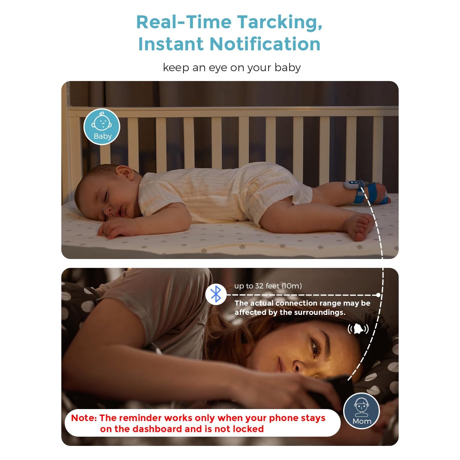 Interphone de surveillance à oxygène de Babytone, moniteur de sommeil de bébé, moyenne de suivi de O2, fréquence cardiaque et mouvement pour bébé,