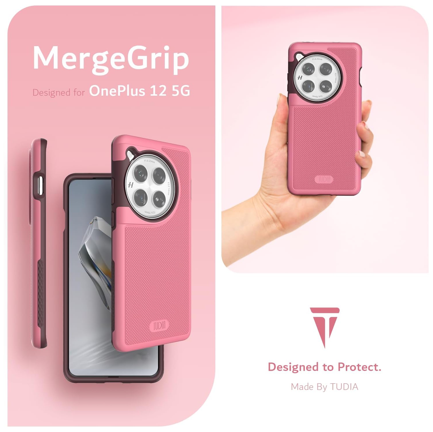 Étui MergeGrip OnePlus 12 de TUDIA de qualité militaire - Rose fumé