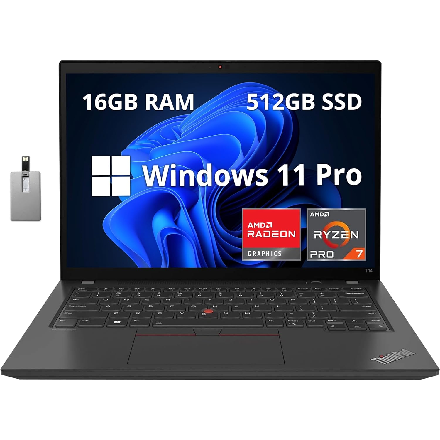 Lenovo Thinkpad T14 Gen 3 14.0" WUXGA 300 nits Business Laptop, AMD Ryzen 7 PRO 6850U, 512GB PCIe SSD, 16GB RAM, Fingerprint Reader, Win11 Pro, Black, 32GB USB Card