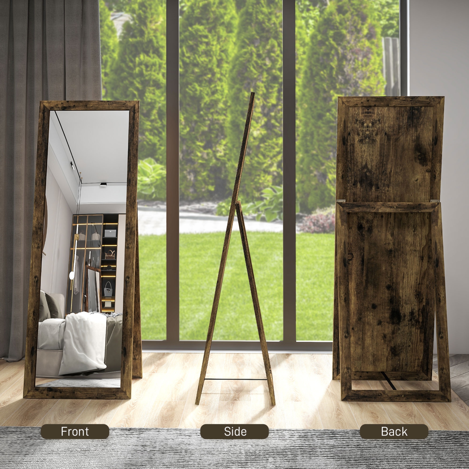 HOMCOM 58" x 20" Full Length Mirror with Frame, Floor Standing Mirror, Rectangular Full Body Mirror for Bedroom, Living Room, Rustic Brown