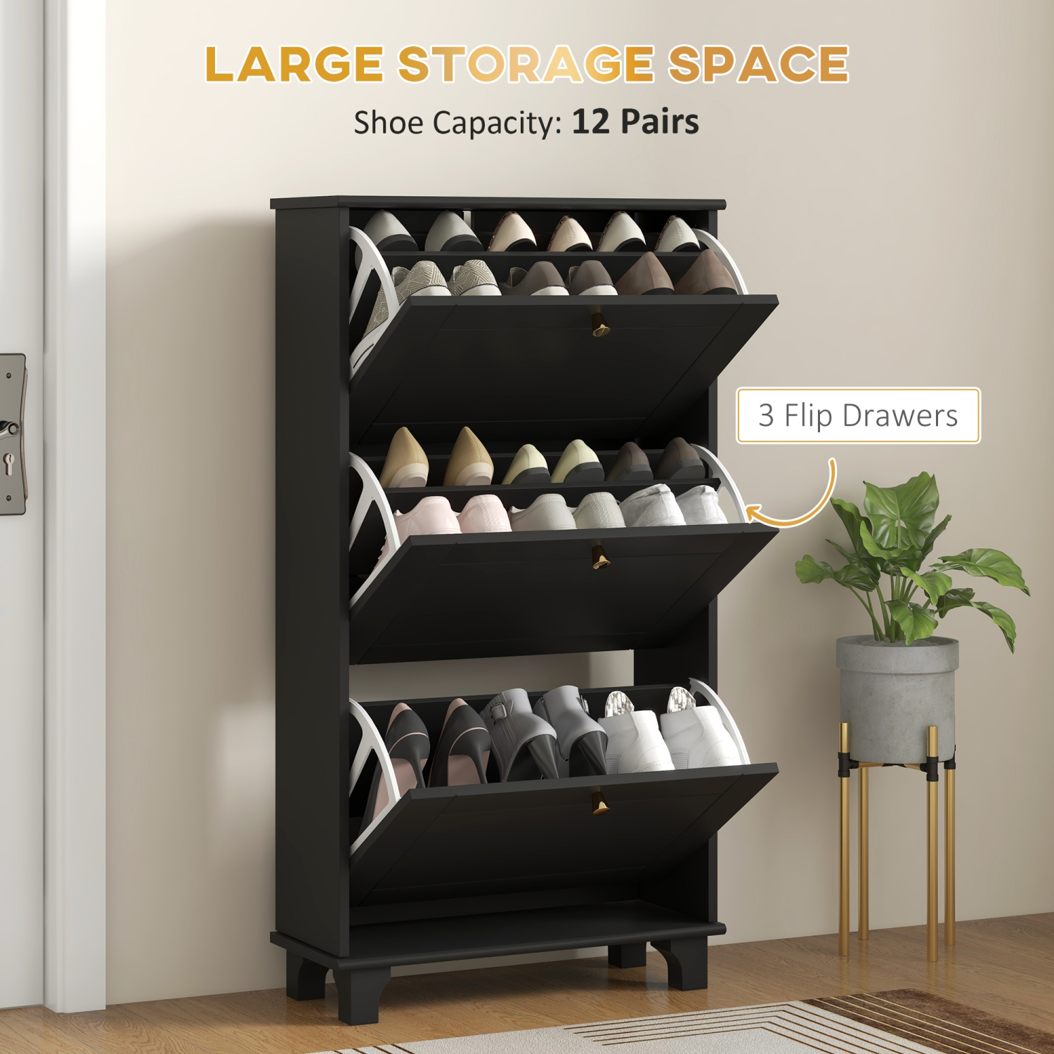 HOMCOM – Armoire de rangement étroite pour chaussures avec 3 tiroirs rabattables et tablettes réglables, tiroir de rangement supérieur, armoire à