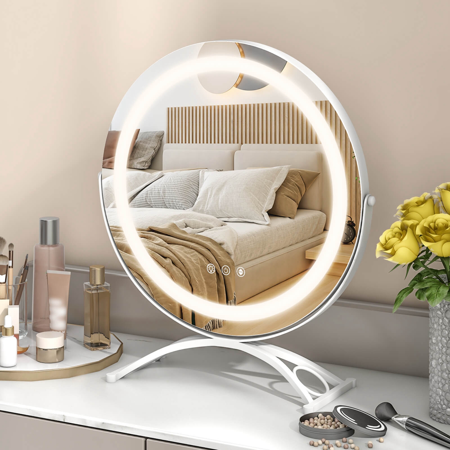 Miroir de maquillage rond de 16 po pour salle de bain avec 3 couleurs à intensité réglable de Costway