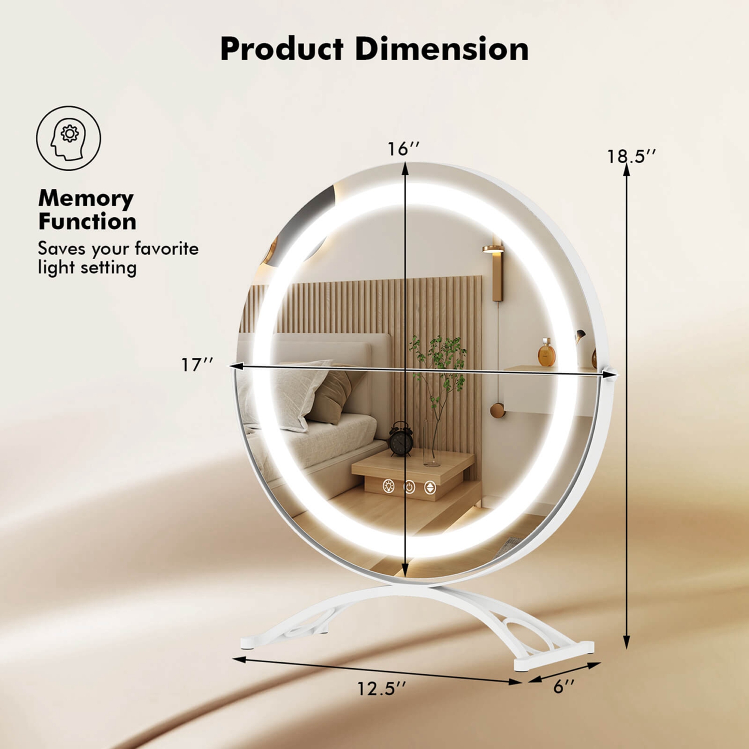 Miroir de maquillage rond de 16 po pour salle de bain avec 3 couleurs à intensité réglable de Costway